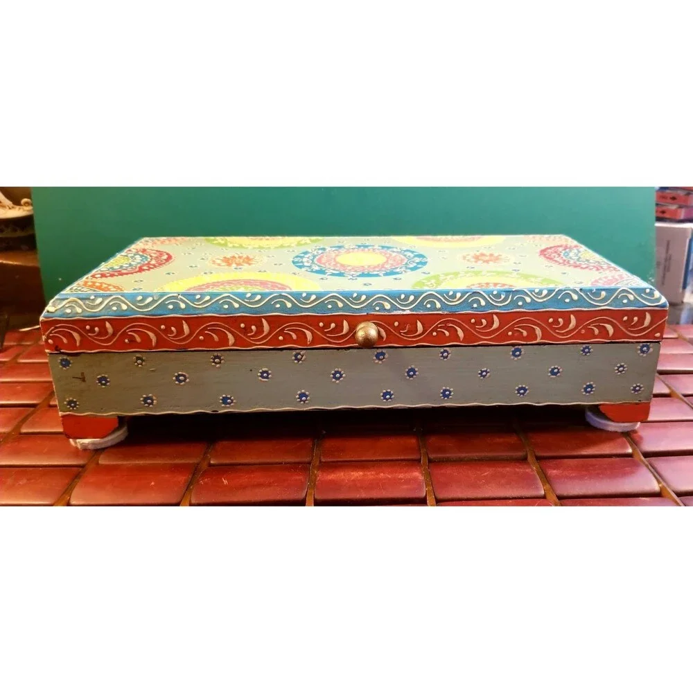 Bohemian Decorative Wooden Jewelry Box Floral Design Hand-Painted Flowers